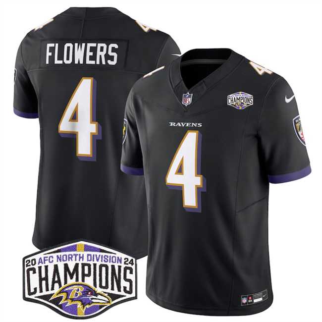Men%27s Baltimore Ravens #4 Zay Flowers Black F.U.S.E 2024 AFC North Division Champions Vapor Limited Jersey